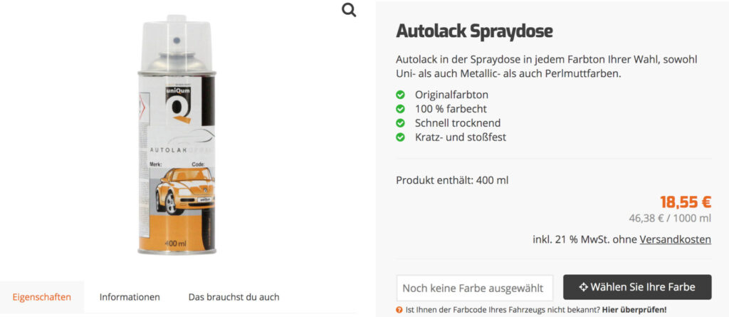 Autolackfarbe auswählen auf Produktseite