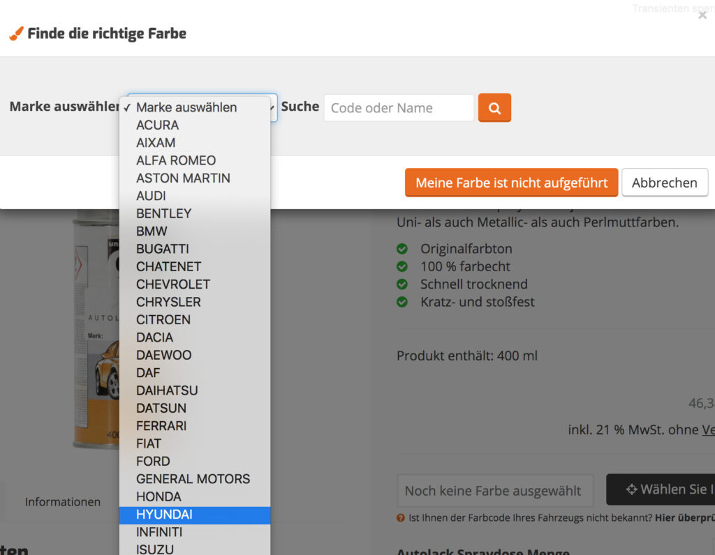 Autolack Marke auswählen