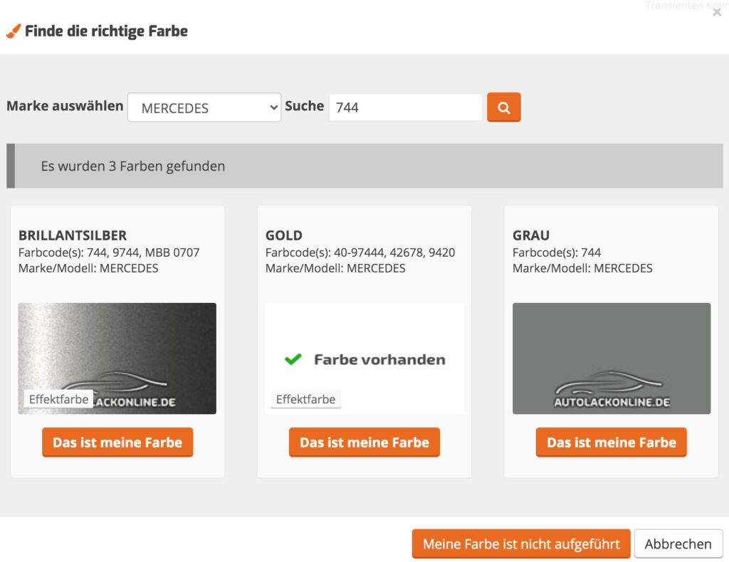 Autolack Farbcode in Suchfeld eingeben
