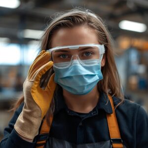 Frau mit Schutzbrille und Atemschutzmaske